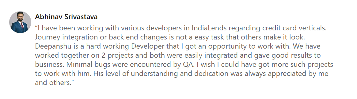 LinkedIn recommendation from Abhinav Srivastava