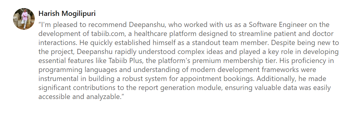 LinkedIn recommendation from Harish Mogilipuri