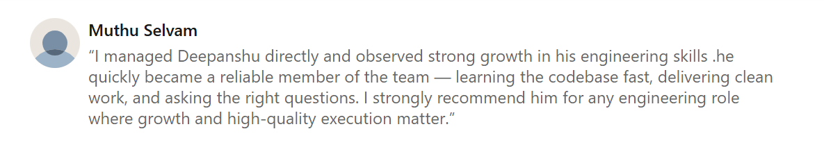 LinkedIn recommendation from Muthu Selvam